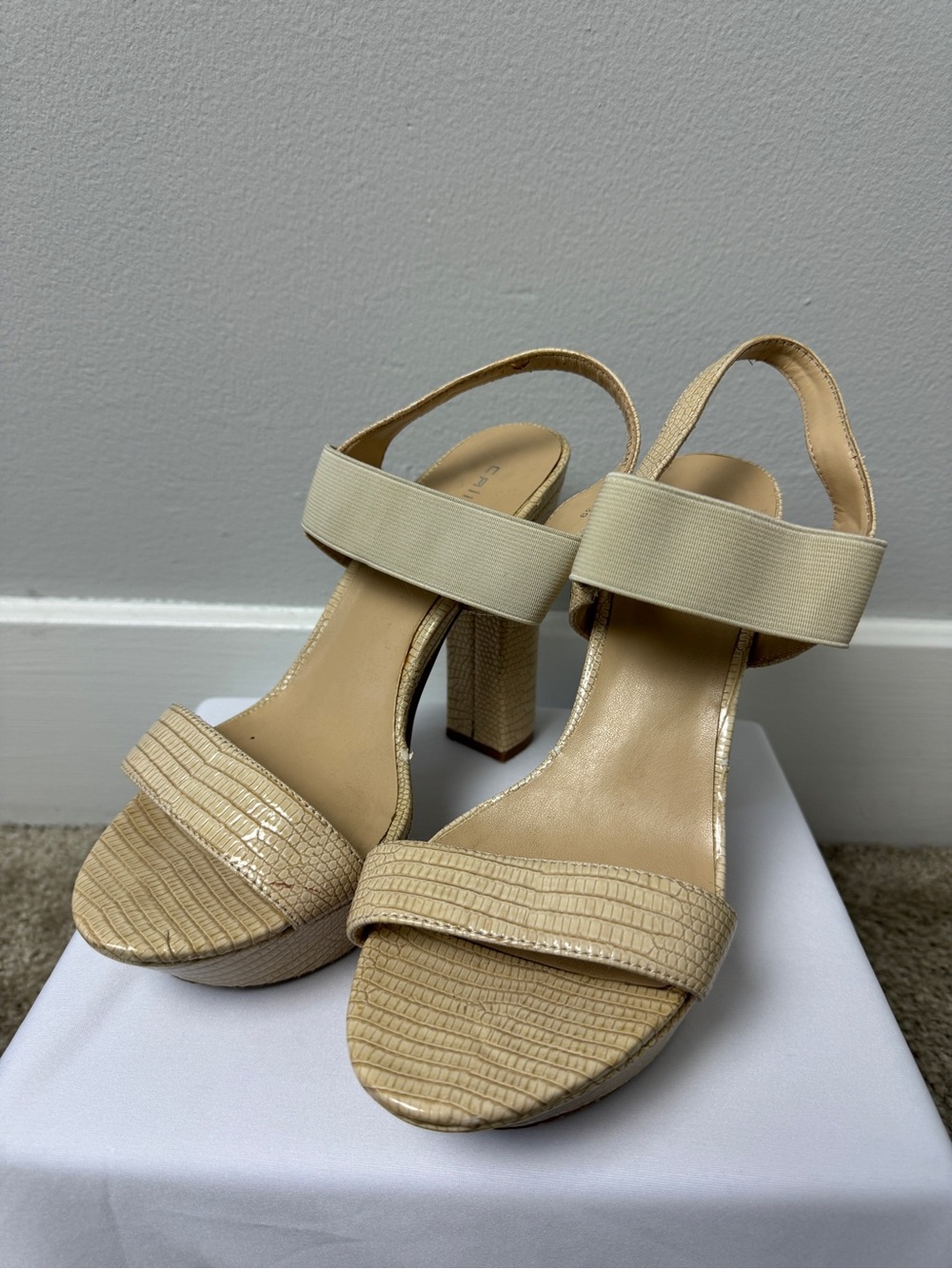 Beige Textured Block Heel Sandals with Ankle Strap